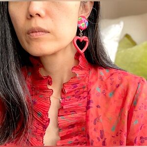 Redesigned abstract print fabric covered clipon earrings dangling red hearts